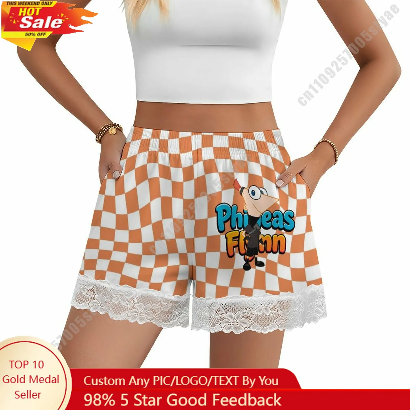 

Phineas Flynn Short Pajama Pants Disney Cartoon Women Summer Lace Trim Thin Panties Custom Loose Home Casual Shorts