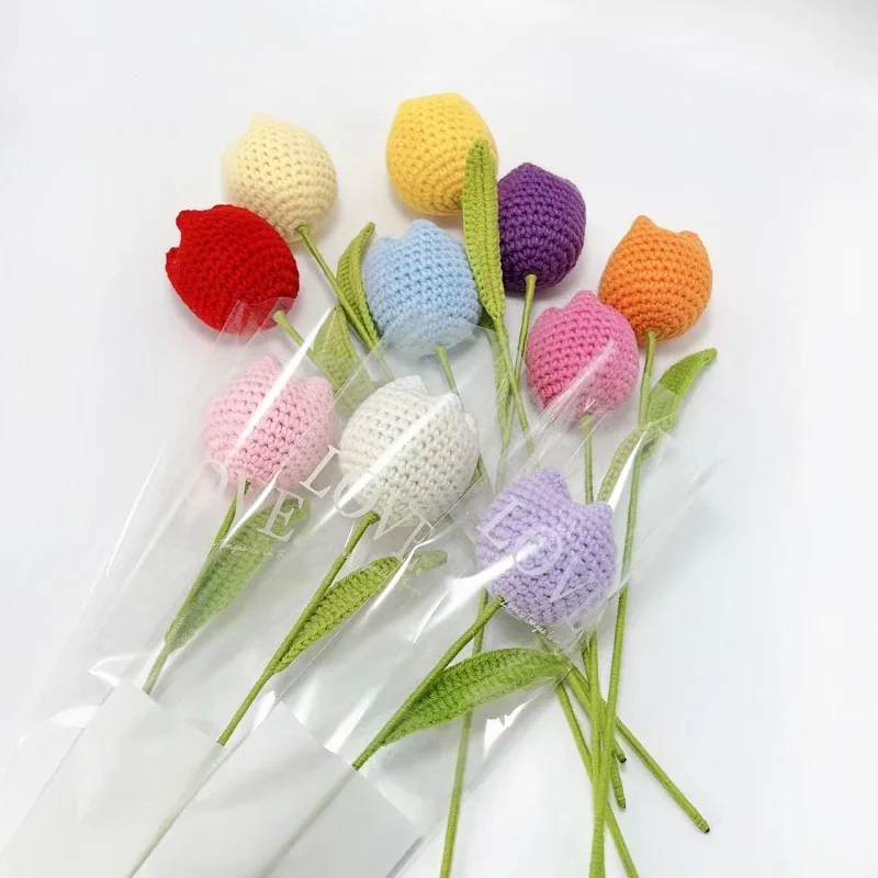 Crochet Hand-knitted Chubby Tulip Artificial Fake Flowers Bouquet Garden Wedding Room Decor Accessories Mothers Day Gifts 2024