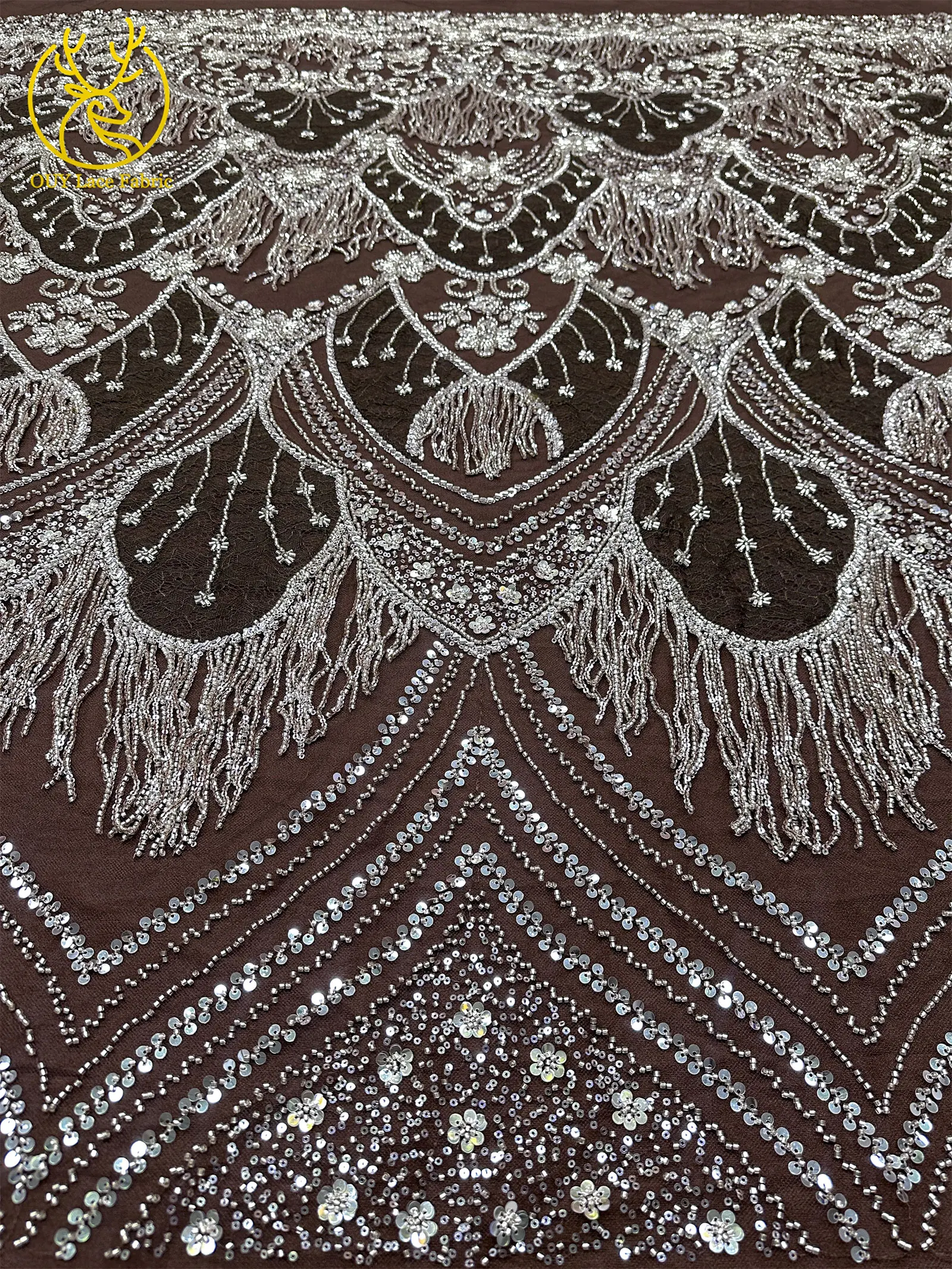 Neues Design 3D Laser Quasten-Perlen-Spitzenstoff Luxuriöser Hochwertiger Afrikanischer Pailletten-Spitzenstoff für Damen-Abendkleider zum Nähen – Detail 7
