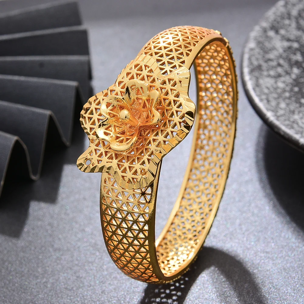 

24K Ethnic Gold Color Bangles for Women Dubai Fashion Flower Design Bride Wedding Bracelets Gifts