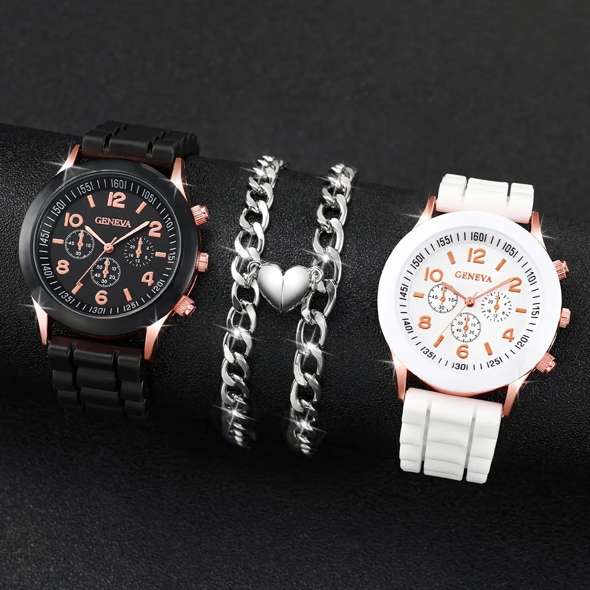 

4pcs/set Romantic Couples Heart-Matching Watch Set - Stylish Quartz Wristwatches with Silicone Bands & Coordinating Bracelets