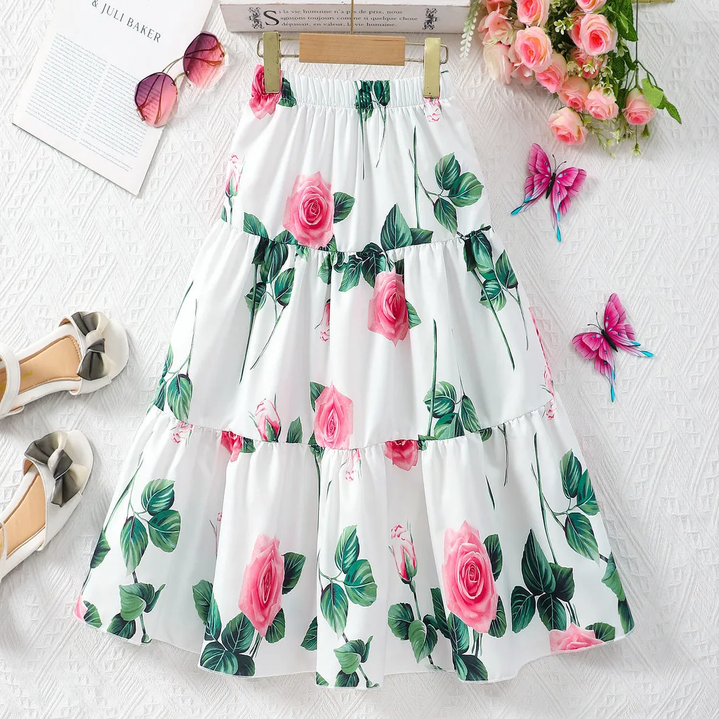 Kids Skirt Long Teens Girls Clothing 8 9 10 11 12 Y Summer Casual Fashion Floral Butterfly Printed A-Line Skirt Birthday Gift