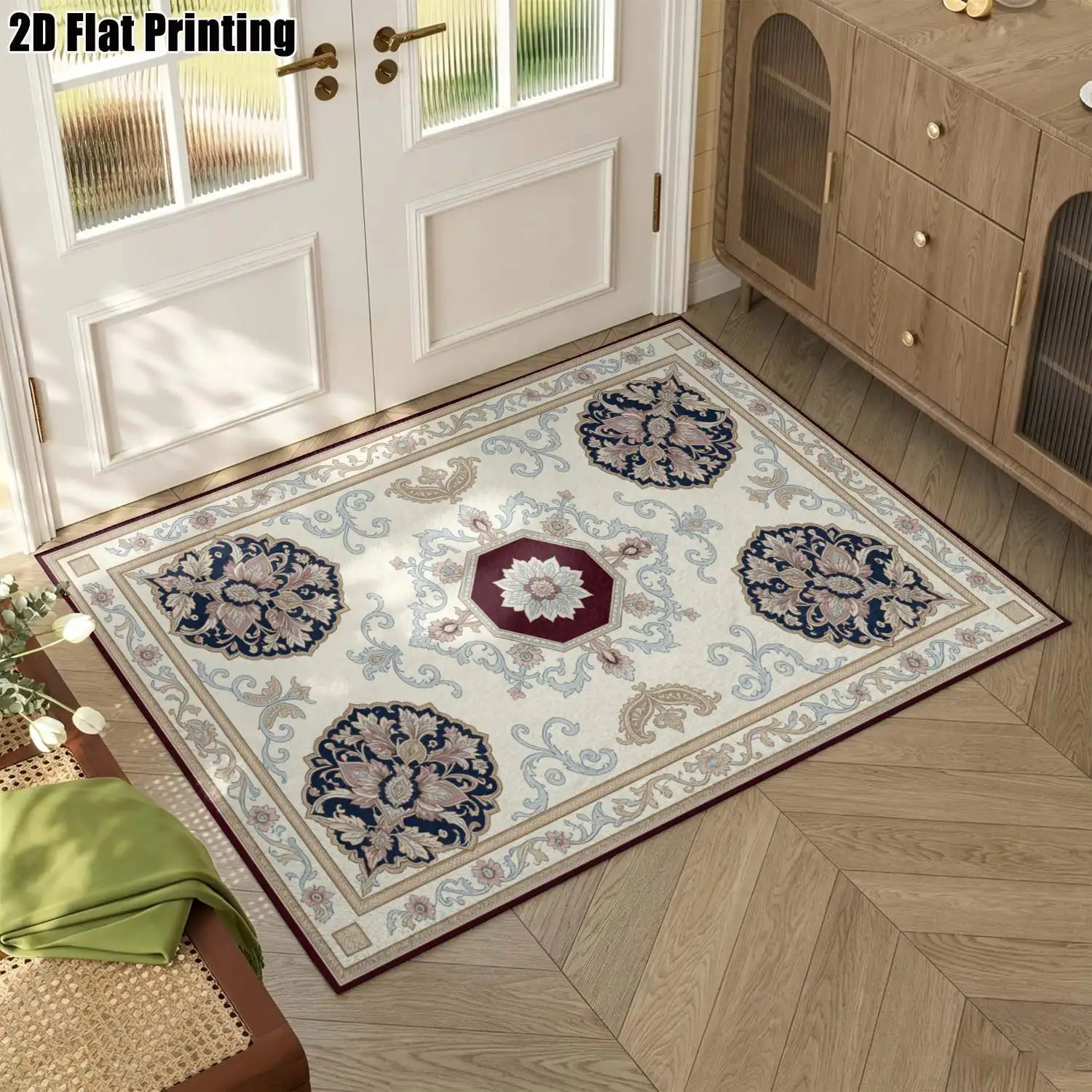 1Pc 2D Printed Beige European Scroll Flower Carpet: Retro, Luxury Home Decor Mat, Machine Washable, Multi-Size for Multi-Scene Use