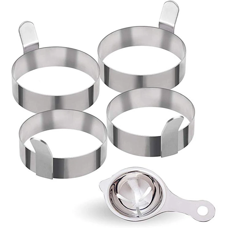 4 Pcs Stainless Steel Egg Rings For Frying Eggs Egg Shaper Non-Stick Cooking Rings Omelette Mold Includes 1 Egg Separator Kitche