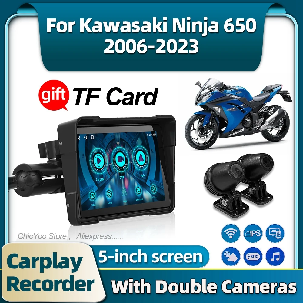 

5 Inch GPS Navigation Motorcycle Waterproof Carplay Android Touch Screen Recorder For Kawasaki Ninja 650 2006 2007 2008 09-2023