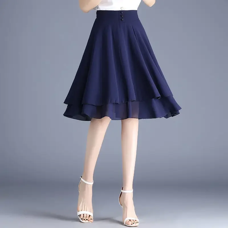 

2025 Summer New Loose Office Lady High Waist Skirts Elegant Elastic Spliced Solid Color Chiffon A-Line Skirts Women's Clothing