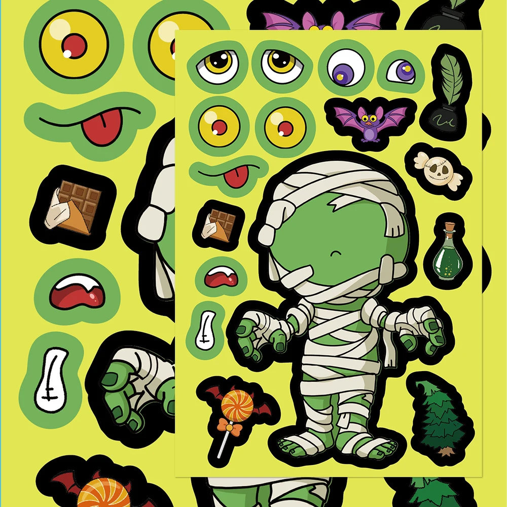 8/16 Blatt Make A Face Halloween-Puzzle-Aufkleber, lustige Zombie-Hexe, DIY-Puzzle-Aufkleber zum Zusammenbauen, Jungen- und Mädchen-Geburtstagsgeschenk, Spielzeug, Geschenk