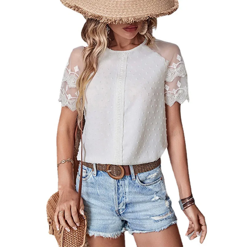Women's Summer Lace Short Sleeve Round Neck Patchwork White T-Shirts Loose Casual Solid Blouse Tops Tee Shirt See Through Top