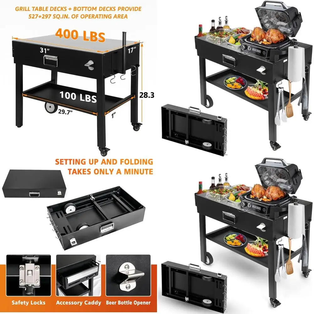 

Portable Folding Grill Stand for Blackstone 17/22, Ninja Woodfire OG700, Ooni Pizza Oven - Dual-Tier BBQ Prep Table with Wheels
