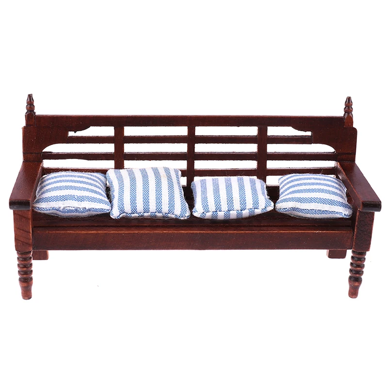 4クッションのミニチュアソファ、1:12ドールハウス家具、木製のおもちゃ