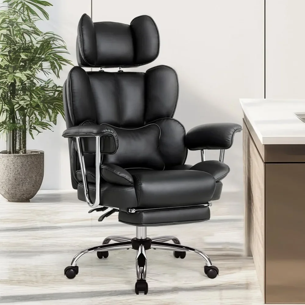 Desk Chair with Foot Rest, PU Leather Reclining Office Chair, Ergonomic with Headrest Armrests