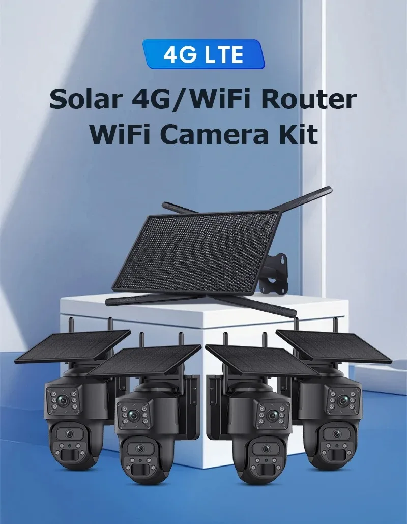 4G Solar Router 4-Channel PTZ Solar Wifi Kit Set of Network WiFi 3k Dual Lens Dual View Body Detection CCTV IP