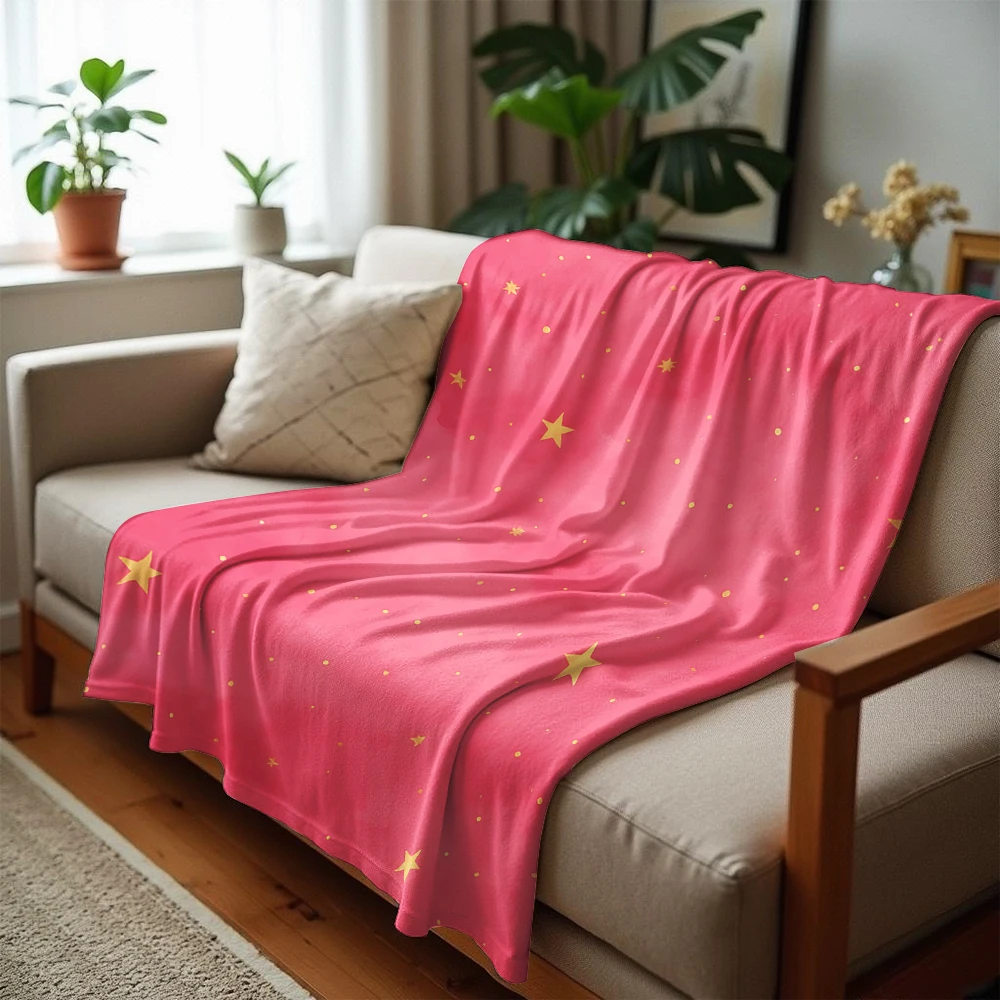 Pink Watercolor Gold Star Cartoon Anime Print Flannel Blanket Soft Warm Throw for Kids Bedroom Sofa Christmas Office Car