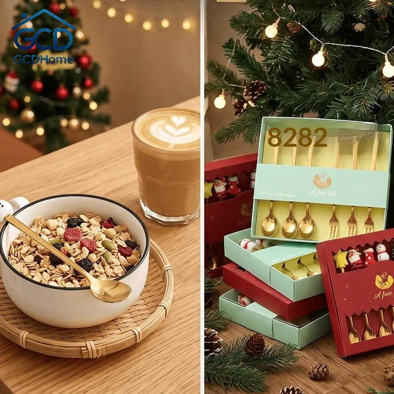 Stainless Steel Christmas Cutlery 4Pcs Set Spoon Fork Cartoon Handle Gift Box for Kids Daily Use Holiday Dinner