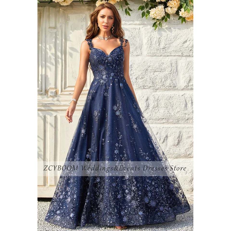 Customized Navy Blue V-Neck Flowers Spaghetti Straps  Appliques Evening Dresses 2024 A-Line Floor Length Sleeveless Prom Dress