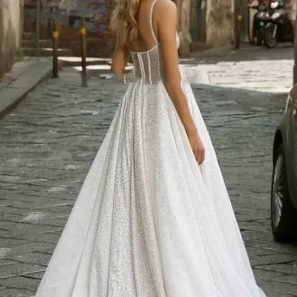 맞춤형 A라인 스파게티 스트랩 웨딩 드레스 여성용 반짝이는 레이스 럭셔리 브라이드메이드 맞춤형 웨딩 가운