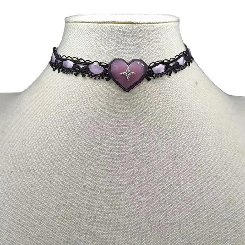 31BF Vintage Inspired Adjustable Ribbon Necklace With Lace Embellishment And Bowknot Charm
