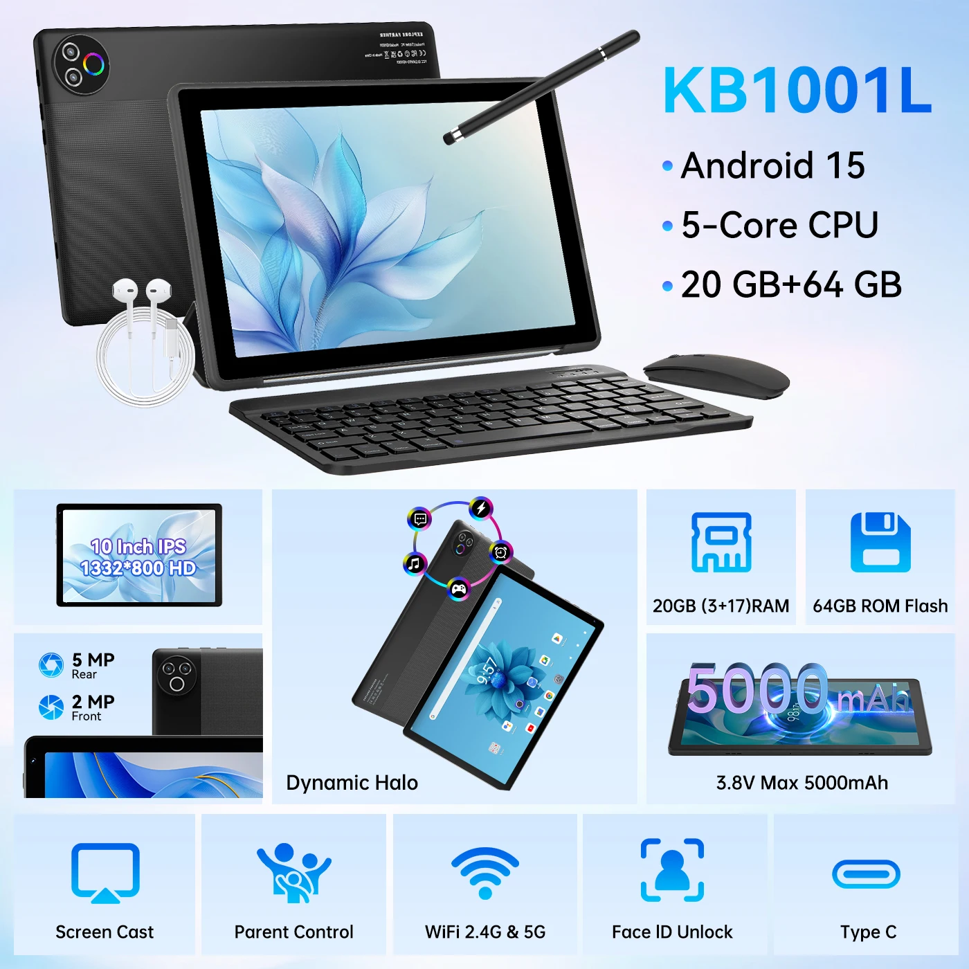 Urao android 15 tablet 10.1 Polegada 20(3 + 17),gb ram 64gb rom 5 núcleos câmera dupla tablets pc conjunto teclado/caixa/mouse/stylus/fone de ouvido