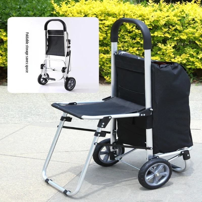 

Aluminum Folding Shopping Cart with Seat for Elderly Large Capacity Oxford Bag Silent Wheels Lightweight Portable Pull Trolley