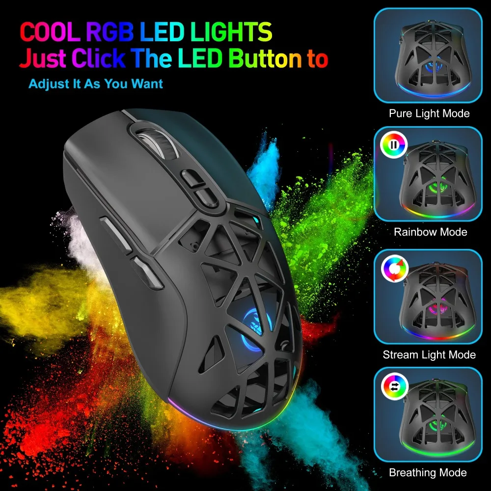 T26 Dual Mode Wireless Gaming Mouse 2.4G BT5.1 RGB Hollow 4800DPI Ergonomic Detachable Cover Optical Mice For Laptop PC Gamer