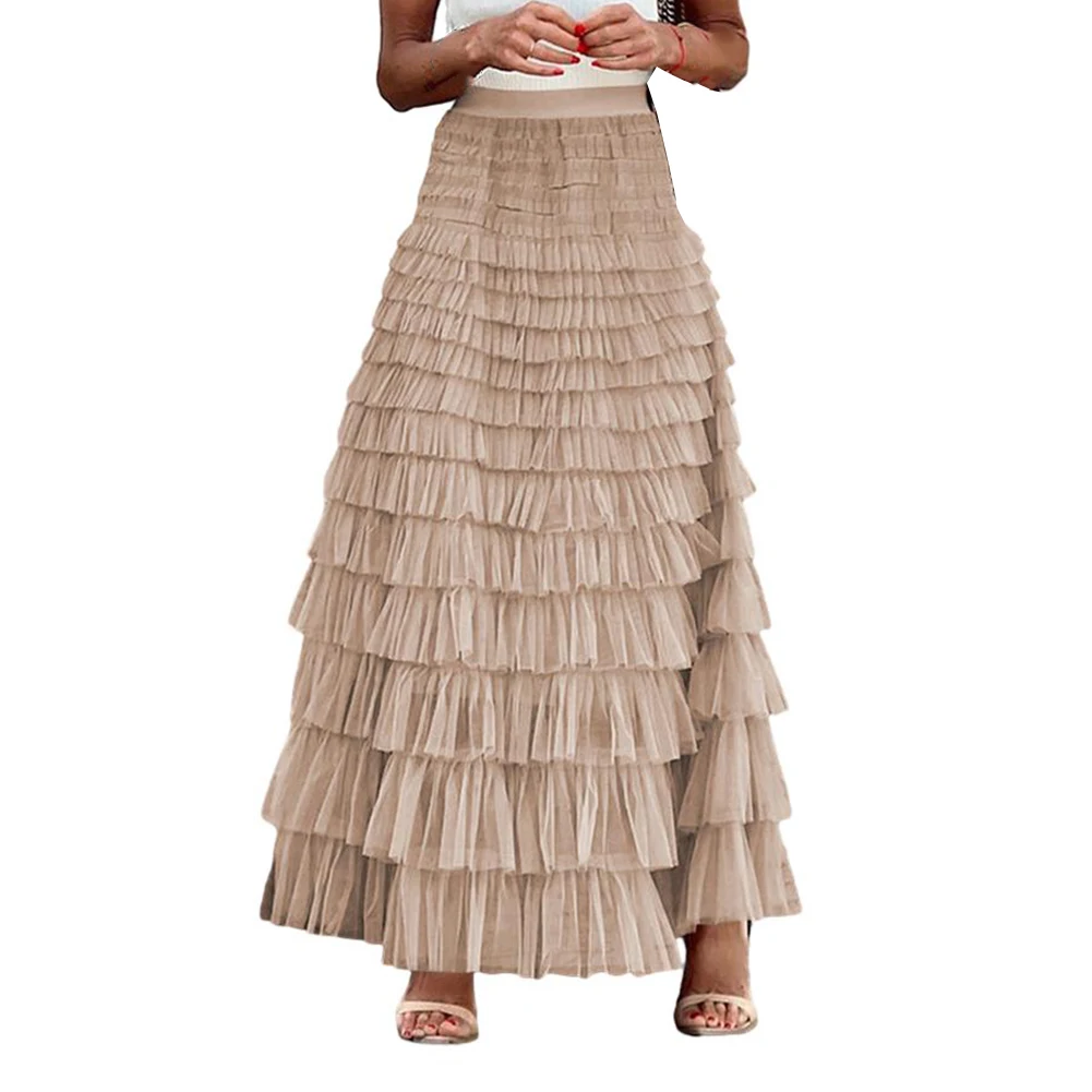 Skirt Women Skirt Solid Color A-Line Elegant High Waist Long Skirt Mesh Ruffles Comfy Fashion Hot Stylish Daily