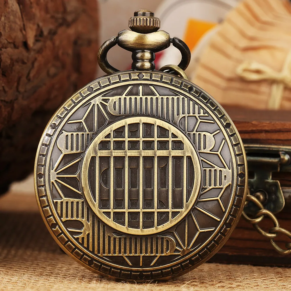 Roman Numerals Dial Quartz Pocket Watch Bronze Exquisite Window Relief Pattern Necklace Fob Chain Pocket Timepiece Vintage Gift