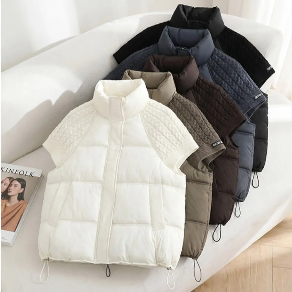 Casual Stitching Design Knitted Vest Loose Fit Warm Lining Cotton Vest Short Waistcoat Layering Outfit