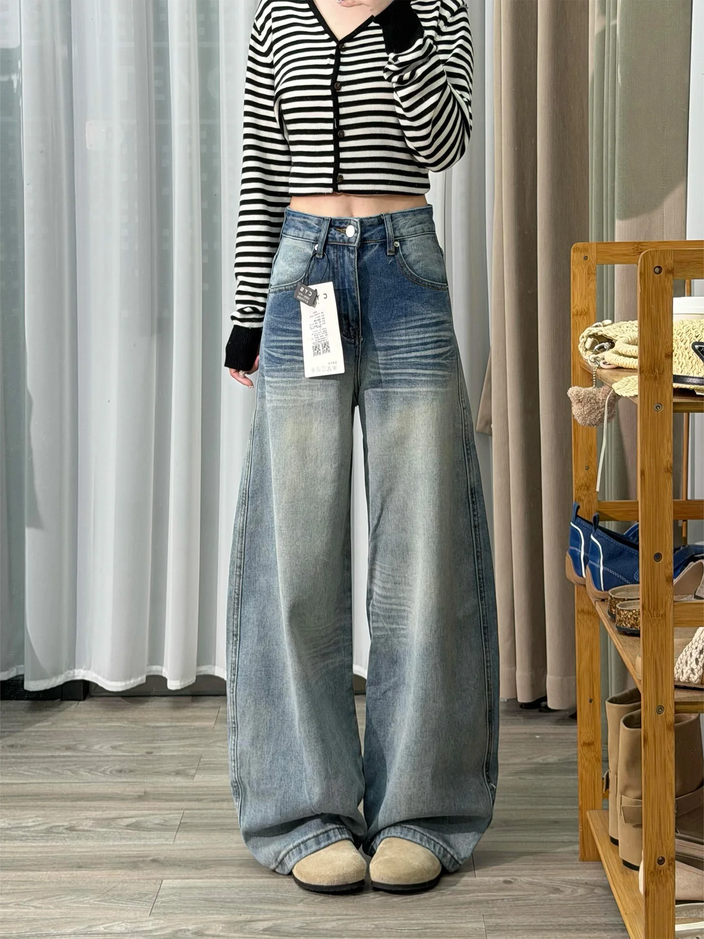 

Retro American Large Size High Waist Light Blue Washed Denim Jeans Women's Summer Slim Fit Narrow Version Wide Leg Jeans