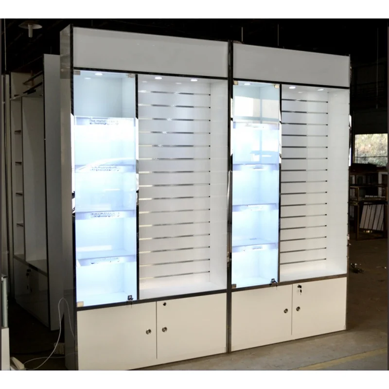 Custom Retail Wig Display Shelf, Pacotes Display Rack e Stand com gancho, LED Hair Extension Display Cabinet