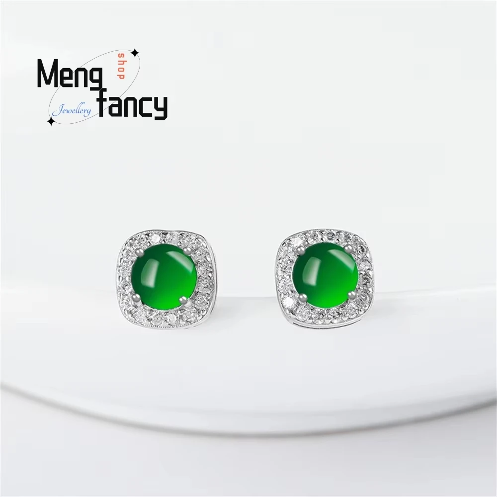 High-end Authentic Natural Good Jadeite Yang Green Egg Face Earrings Ice Jade S925 Silver Inlaid Fashion Earrings Exquisite Gift