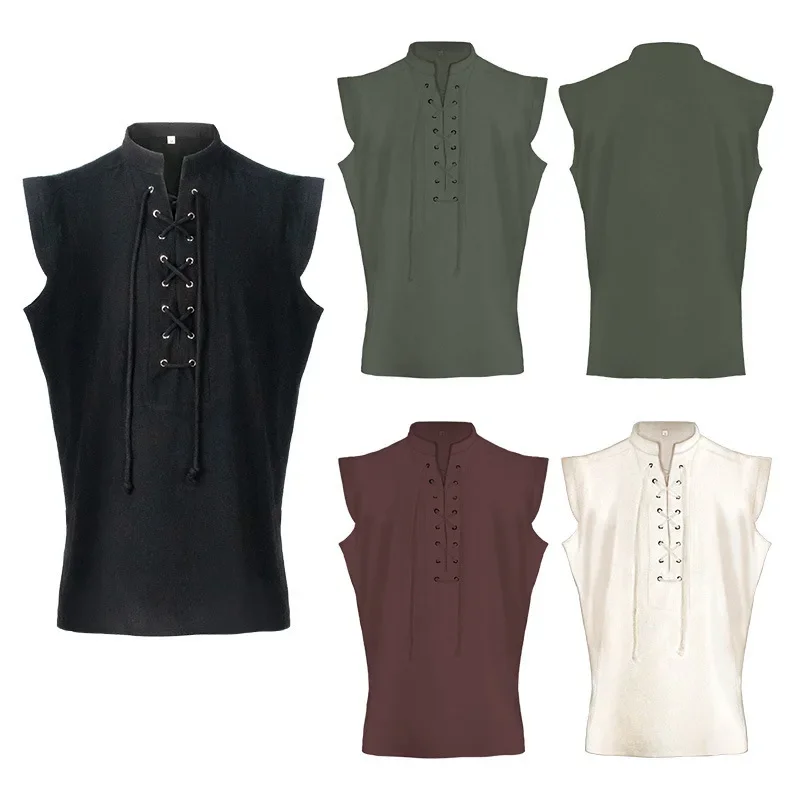 

Men's 4-Color Medieval Vintage Lace-up Stand-up Collar Top