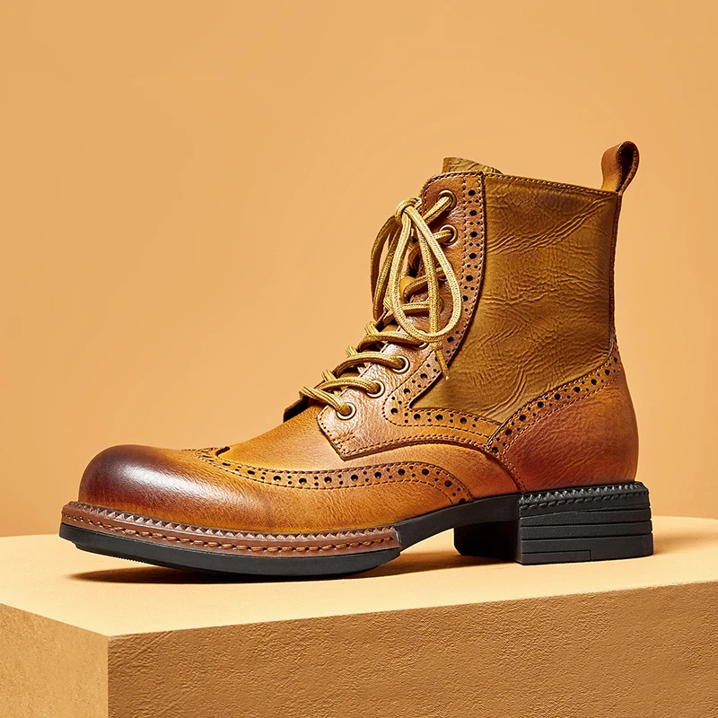Soft Genuine Leather Carving Ankle Short Boots Men\'s Spring Autumn Lace Up Brogue Shoes Cool Man