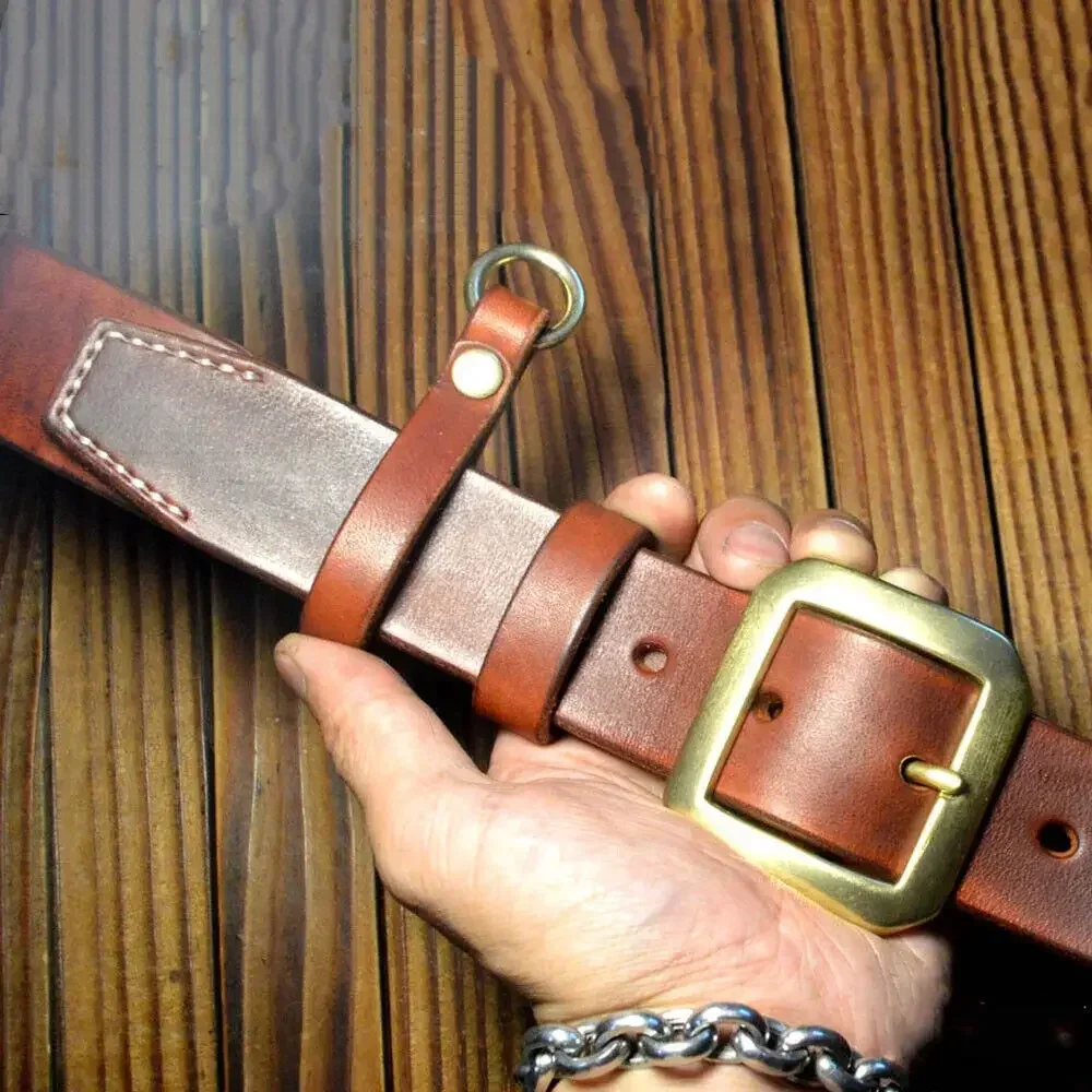 Handmade Thicken Saddle Leather Craft Genuine Cowhide Durable Belt with Brass Buckle 38mm Width Custom Made Belt