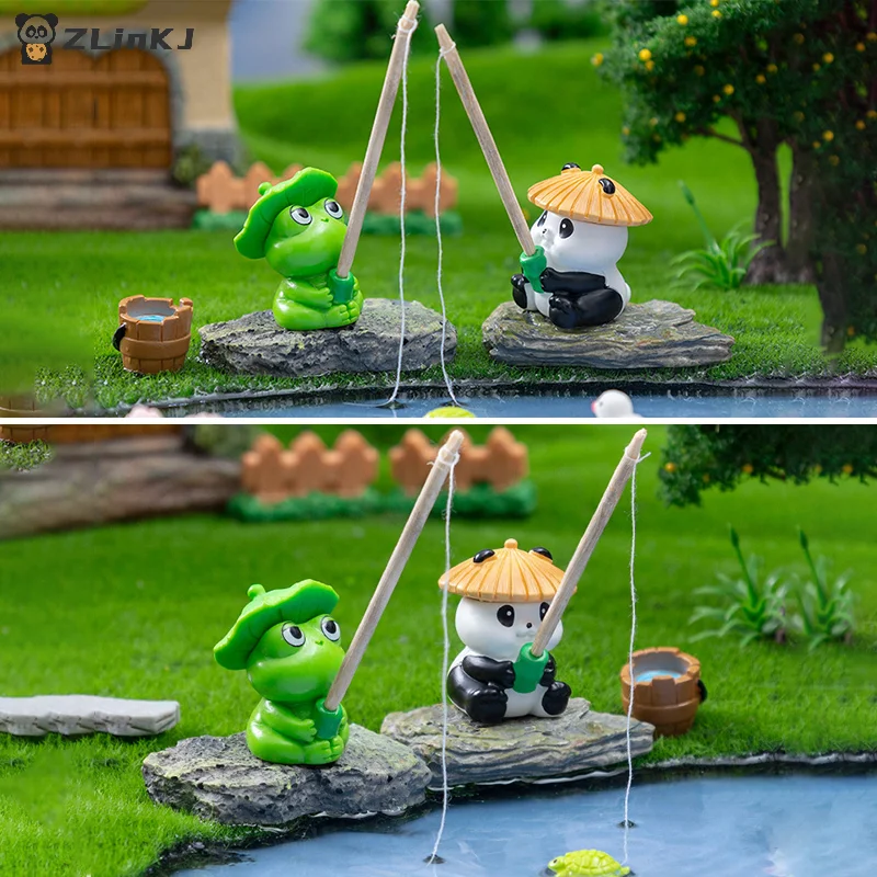 ▶Fishing Frog Panda Figurines Ornament Creative Cartoon Animal Figure Doll Fish Tanks Aquarium Hangable Decor Desktop Decoration