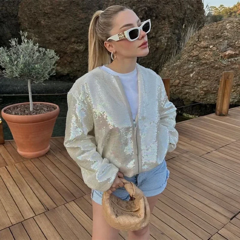 Sequin Jacket Women Chic Fashion Shiny Bomber Jackets High Street Coat Top Female 2023 New