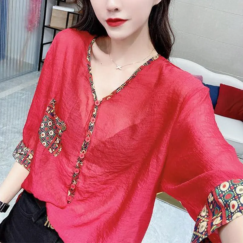 Streetwear Solid Color Fashion Printed Patchwork Blouse All-match Summer Casual V-Neck Button Female Clothing Korean Loose Shirt