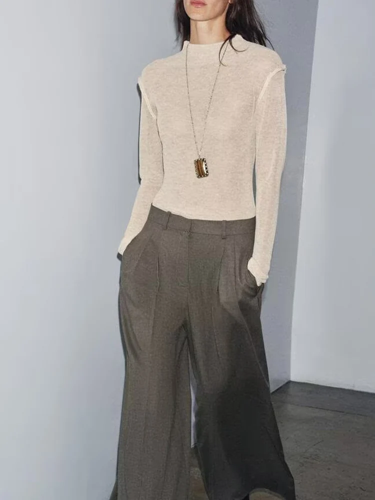 

European and American style women's new fashion simple casual commuter style versatile slim round neck long sleeve sweater