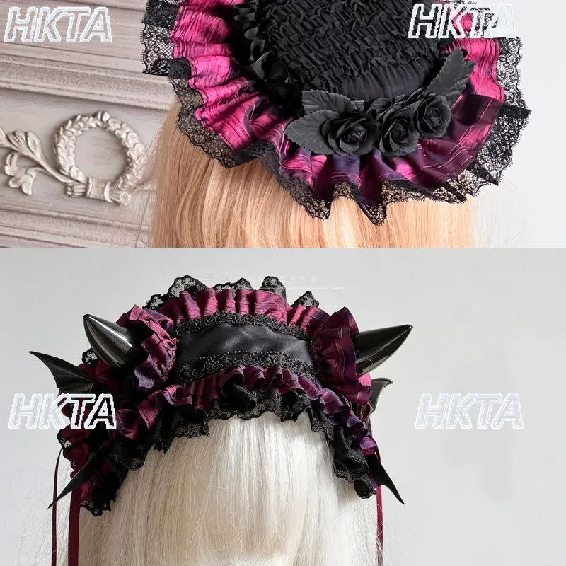 로리타 수제 생산 성격 작은 어두운 레이스 우아한 탑 모자 머리띠 넥 스트랩 여성 고스 Cos 액세서리 헤드 기어