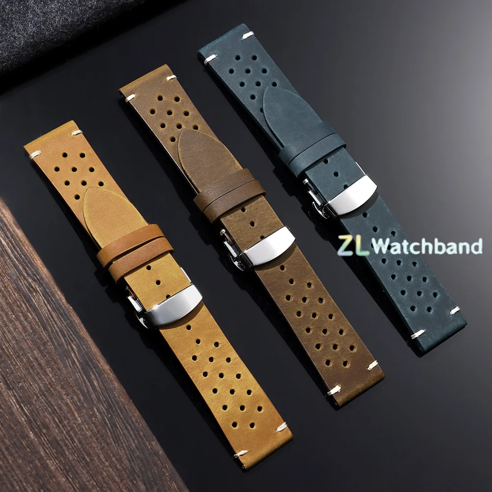 Breathable Porous Watch Straps 18mm 19mm 20mm 21mm 22mm 24mm Butterfly Buckle Vintage Leather Strap for Seiko for Rolex Bracelet