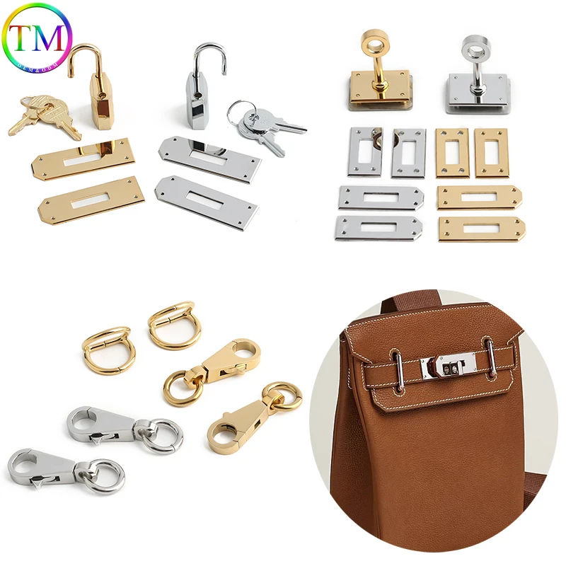 1/5Sets Luxury Stainless Steel Bag Turn Twist Lock with Buckle Eyelet Pack Double D-ring for Leather Bag Hardware Repalcement
