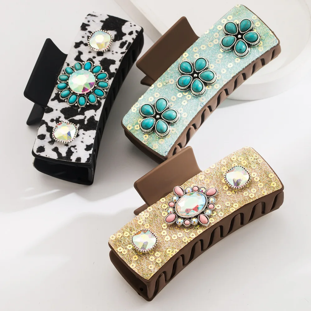 European and American retro leather diamond-encrusted pearl turquoise grab clip back of head hair tie square clip fashion temper