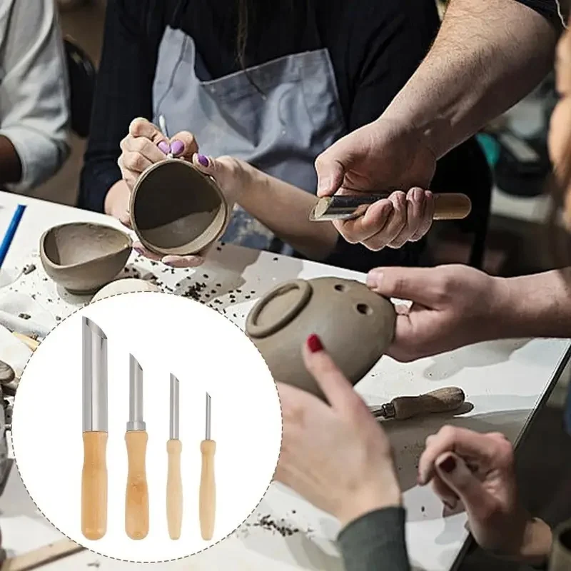 4 PCS Wooden handle carving tools and soil extruders are used for drilling holes in ceramic crafts and jewelry production