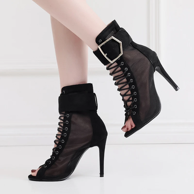 girls Open Toe Lace Up Mesh Ankle Boots For Dance Heels For Woman Latin Ballroom Dance Shoes Laides High Heel Stiletto Bootie