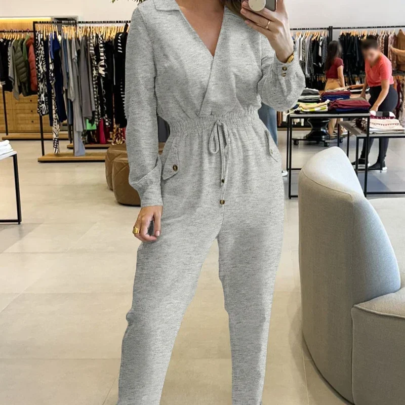 V-neck Drawstring Waist Jumpsuits Women One Piece High Waist Overalls Long Pants Work Elegant Splice Rompers Spring Autumn