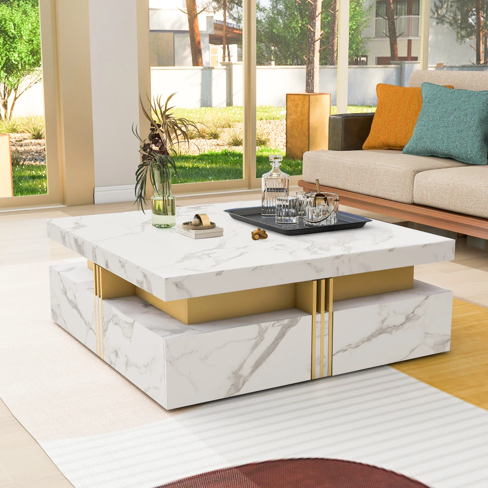 Modern White Square Storage Coffee Table with 4 Drawers for Bedroom Office Apartment Living Room Funiture End Tables