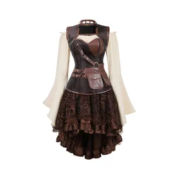 Steampunk Vintage Long Sleeve Women Corset Dress，Three-Piece Off Shouder Pirate Kleid Sets Halloween Medieval Sexy Costumes