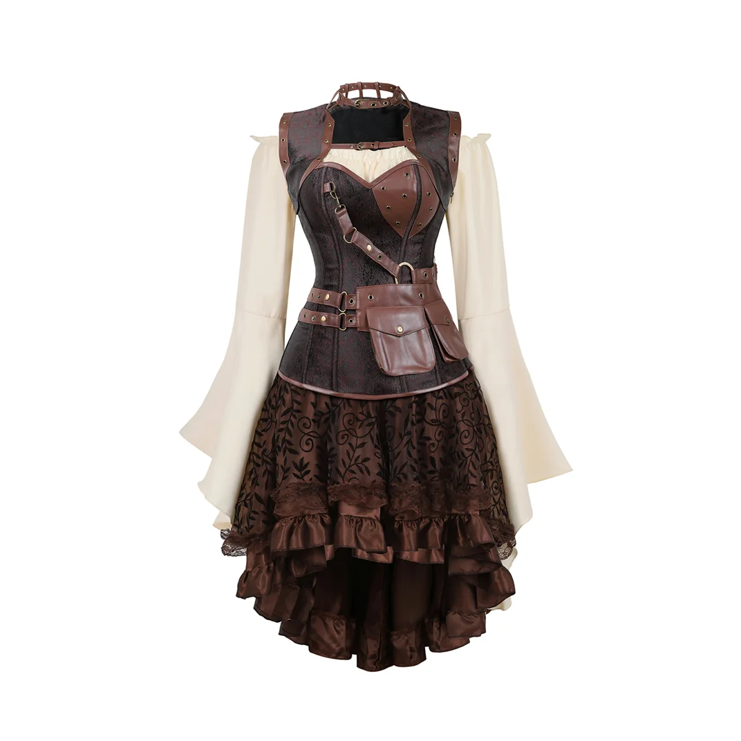 Steampunk Vintage z długim rękawem kobiety gorset do sukienki, trzyczęściowy Off Shouder Pirate Kleid zestawy Halloween średniowieczne Sexy kostiumy