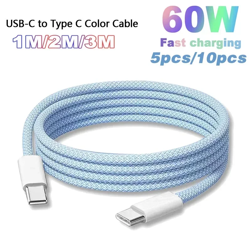 5pcs/10pcs PD 60W Fast Charging USB C to Type C Cable Colorful Weaving Cable for Apple iPhone 16/15 pro Huawei Xiaomi Samsung