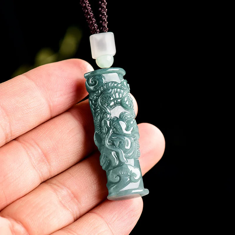 

Authentic Natural A-grade Jade Blue Water Three-dimensional Dragon Pillar Zodiac Ice Jadeite Pendant Women's Jewelry Drop Ship