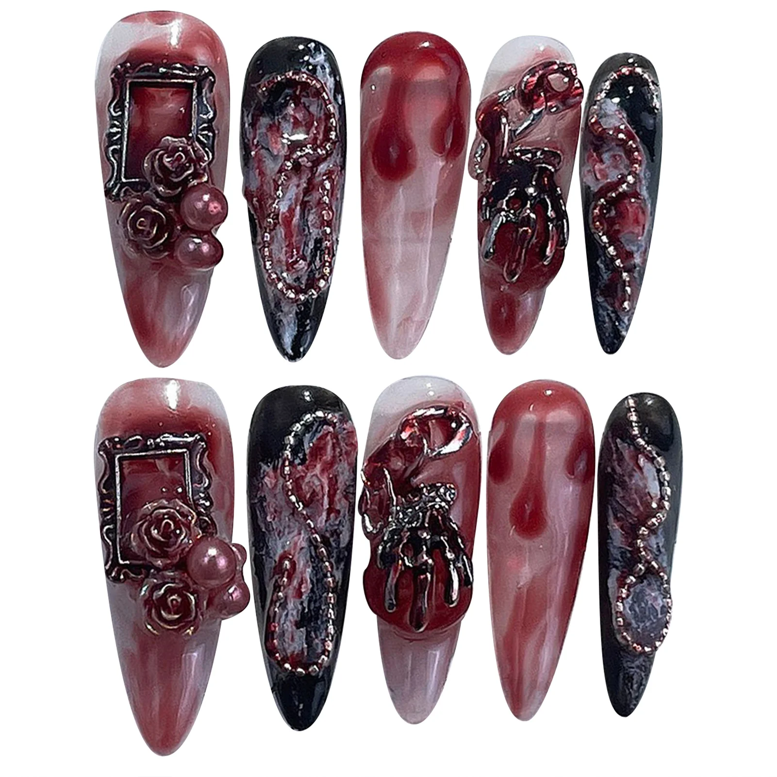 Blood Red Smudging Press on Nails Natural Unbreakable Nail Simple Wear for Fingernail DIY Decoration